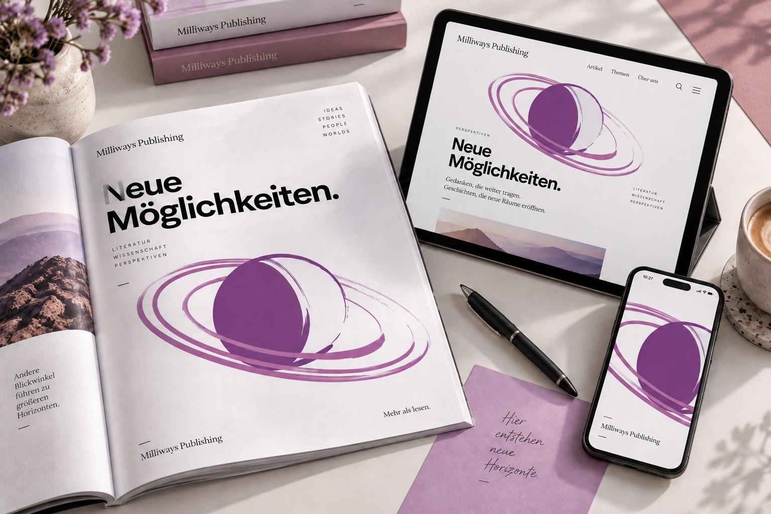 KI-Visualisierung: Milliways-Inhalte mit Ringplaneten auf Magazin, Tablet und Smartphone.
