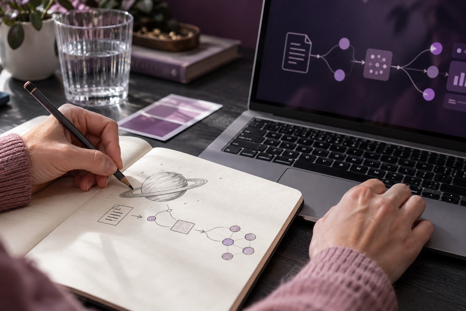 KI-Visualisierung: Eine Hand skizziert eine Idee mit einem Ringplaneten neben einem digitalen Workflow auf einem Laptop.