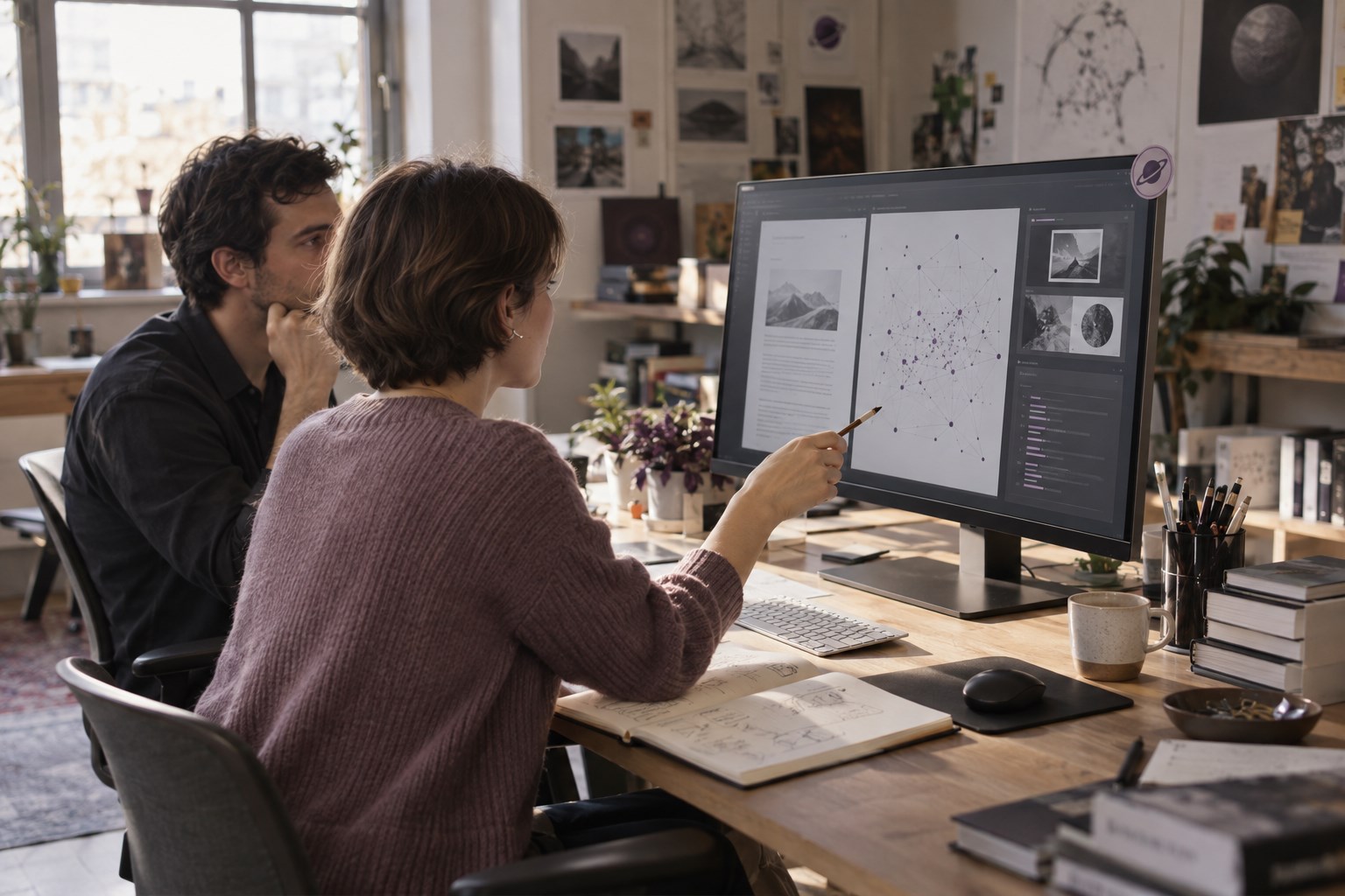 KI-Visualisierung: Zwei Menschen entwickeln am Bildschirm gemeinsam einen digitalen Arbeitsablauf.