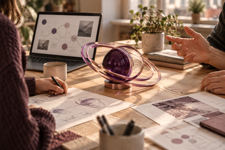 Violetter Ringplanet aus Glas auf einem Arbeitstisch, an dem zwei Personen gemeinsam einen Ablauf skizzieren.