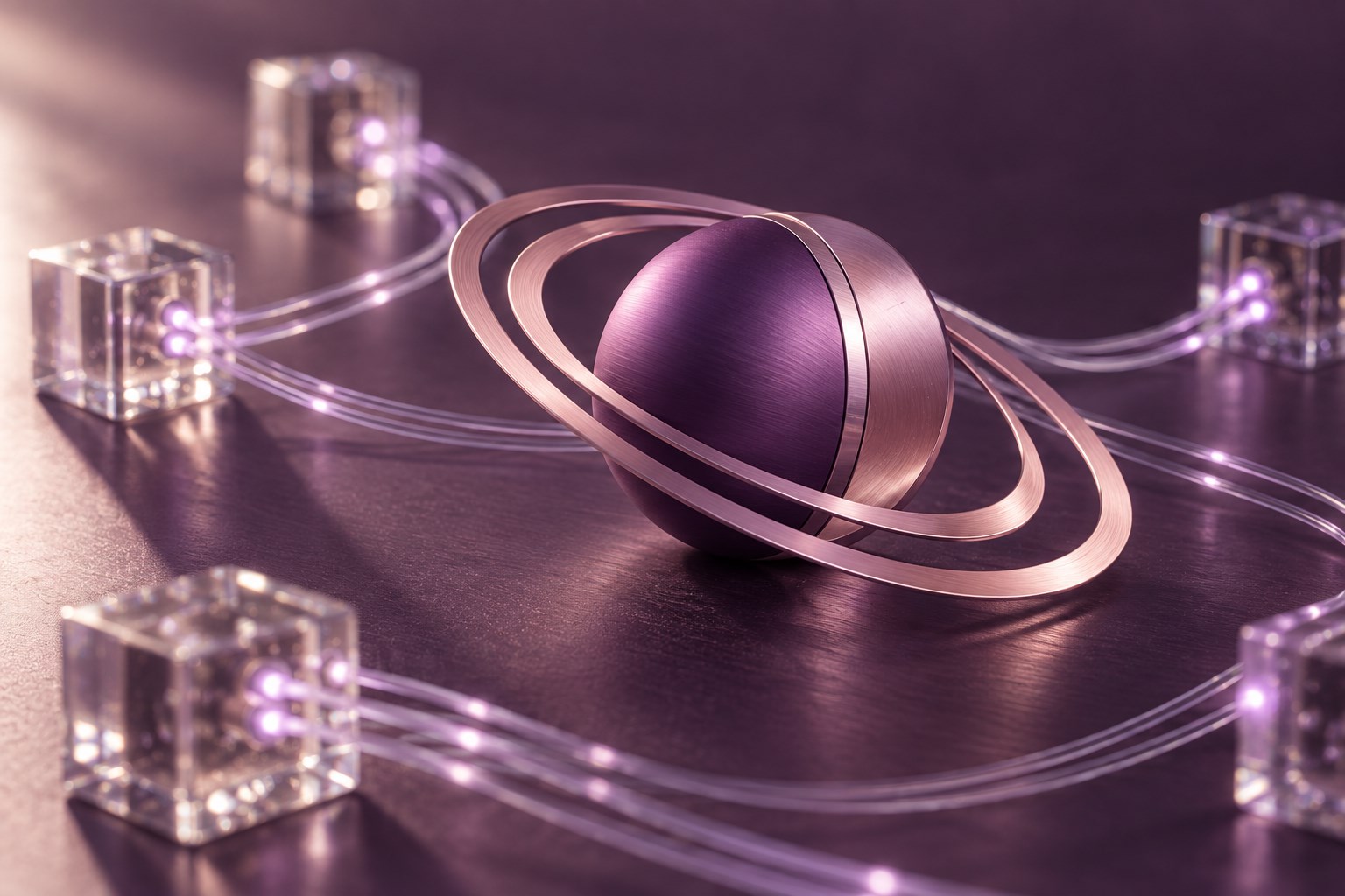 KI-Visualisierung: Ein violetter Milliways-Ringplanet verbindet transparente Datenmodule.